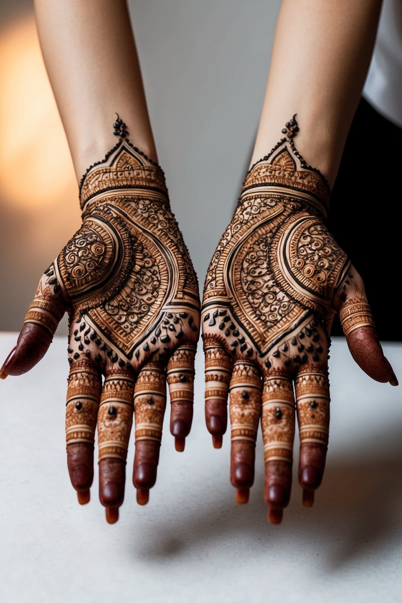 Elegant royal mehndi design with paisley and decorative accents.