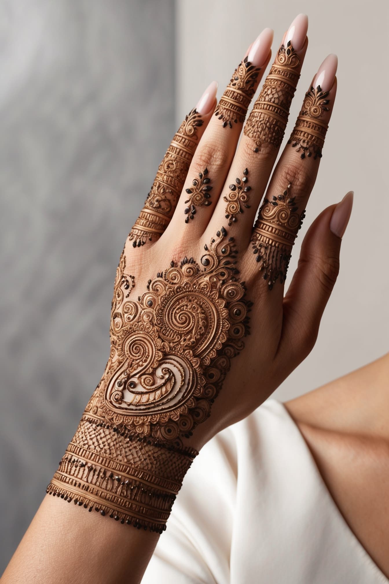 A royal mehndi design inspired by peacock motifs and intricate swirls.