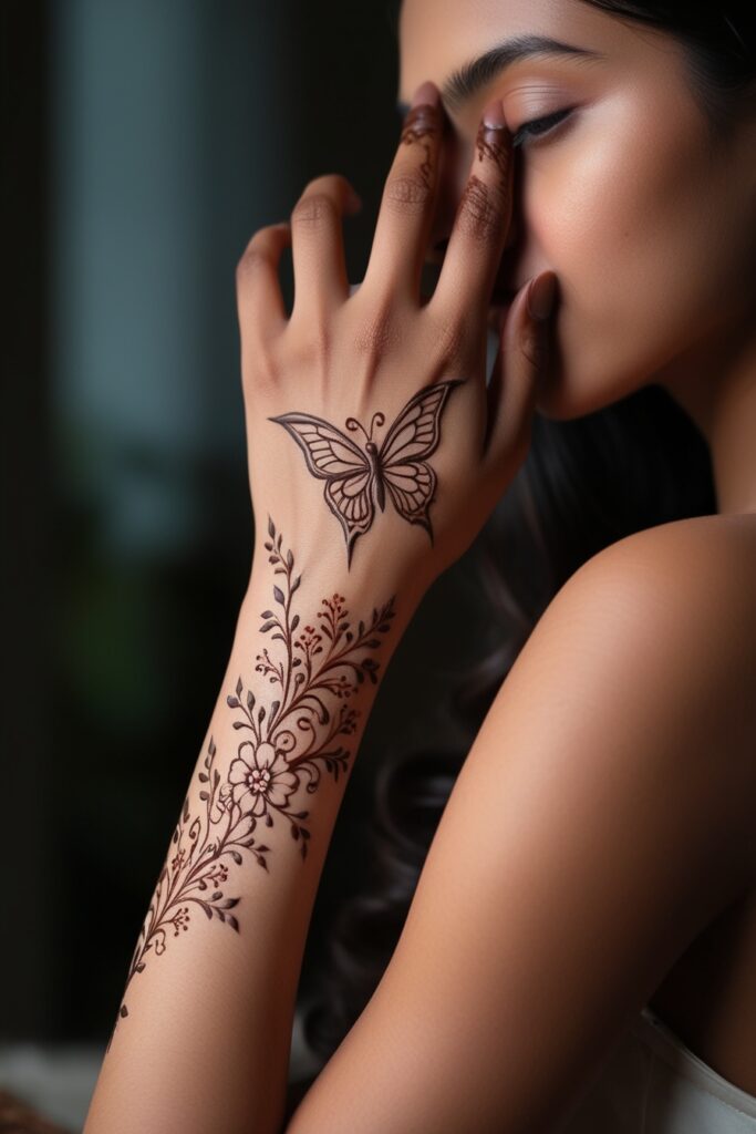 back hand full arm mehndi design butterfly