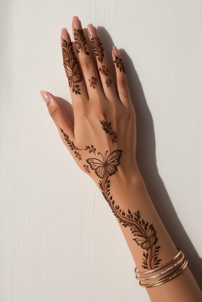 back hand mehndi design butterfly floral touch