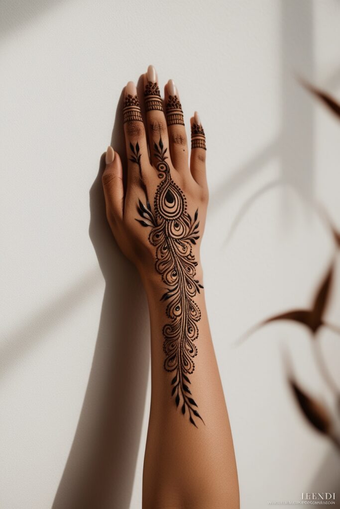 Back hand simple mehndi design of a long feather