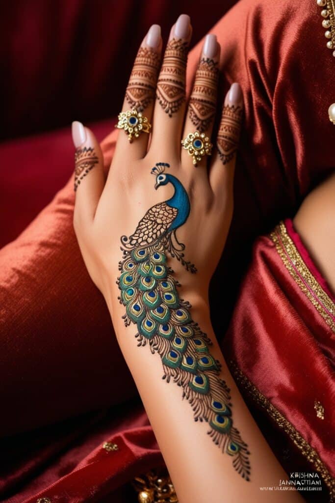 Back hand mehndi design of a peacock sitting on a branch