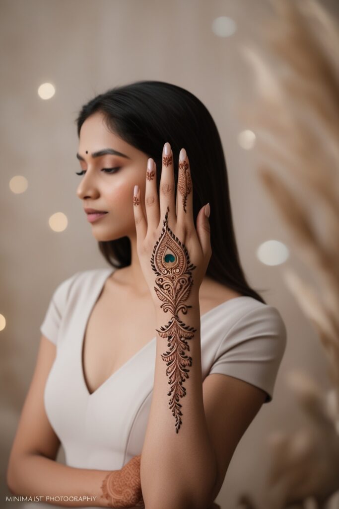 Back hand mehndi design of unique feather with background