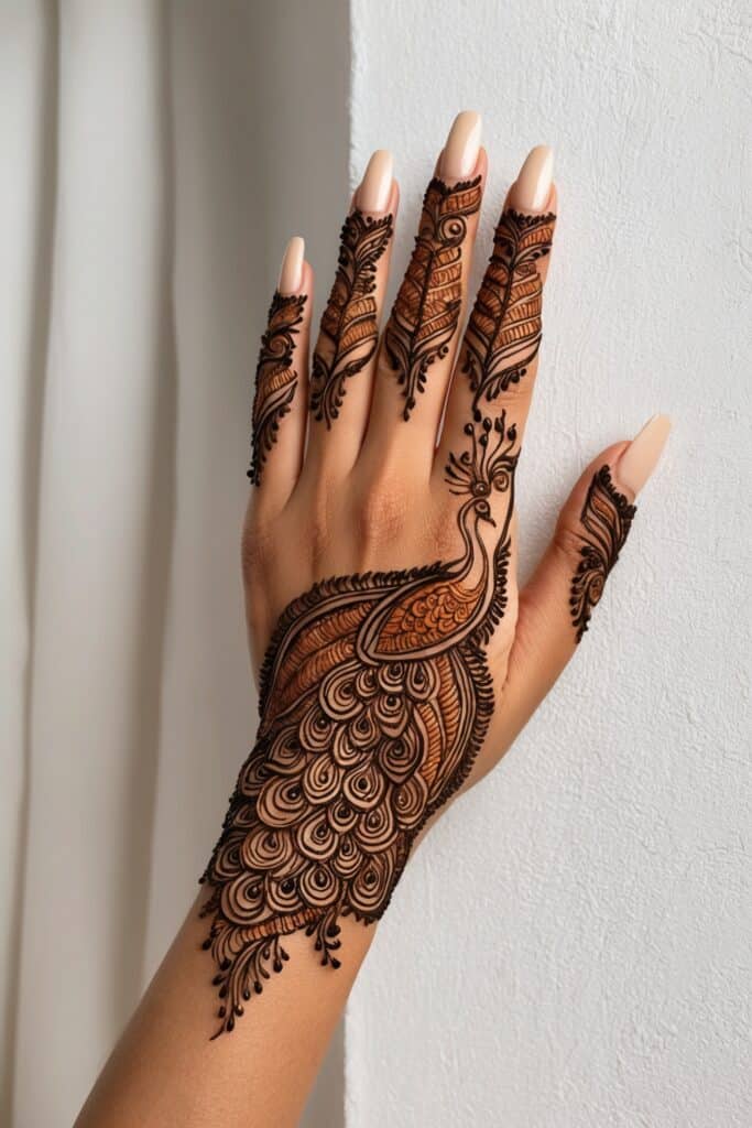 Back hand simple mehndi design of a dancing peacock