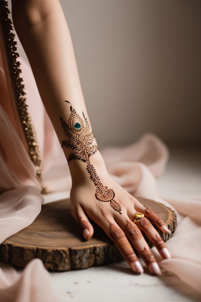 Back hand simple mehndi design feather with flute