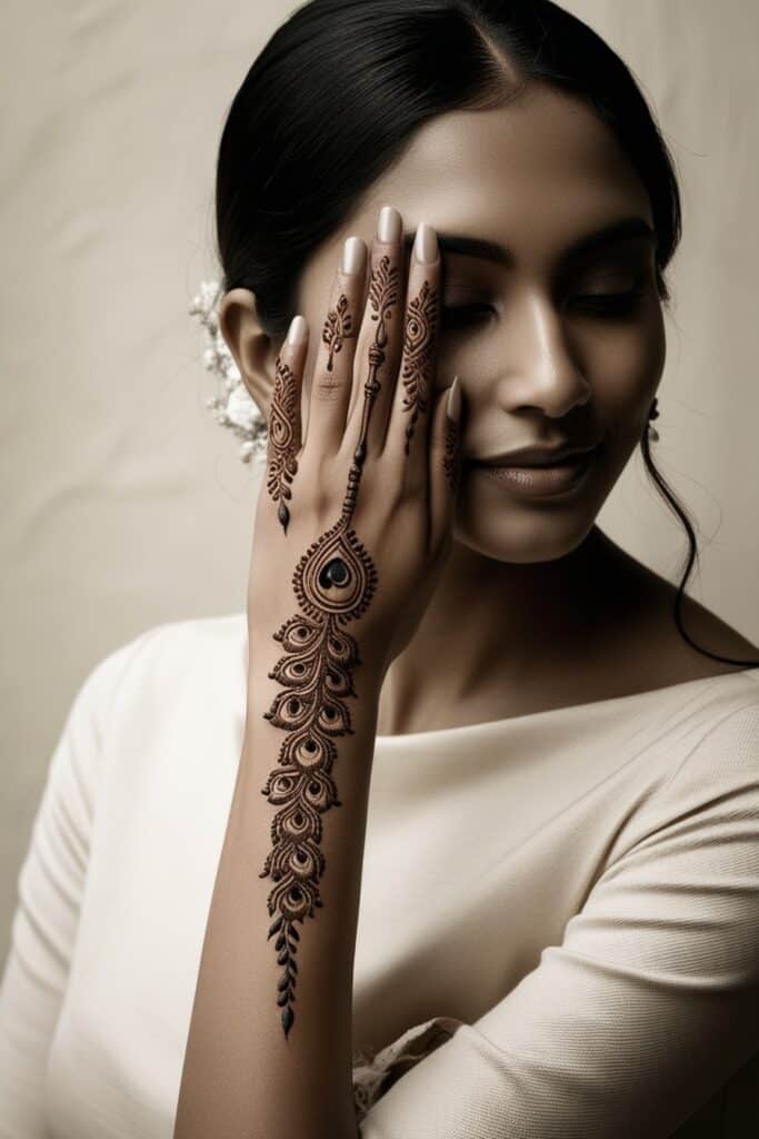 Backhand mehndi design long feather