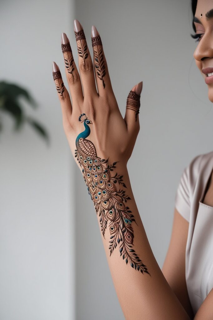 Back hand simple mehndi design of peacock full view