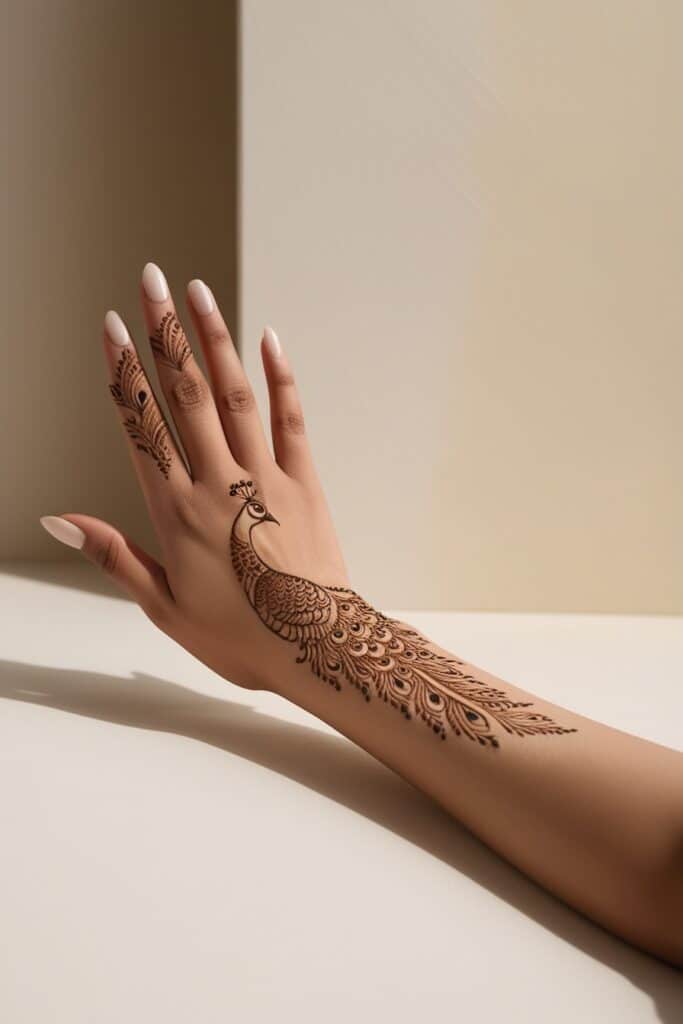 Back hand mehndi design peakock with feathers