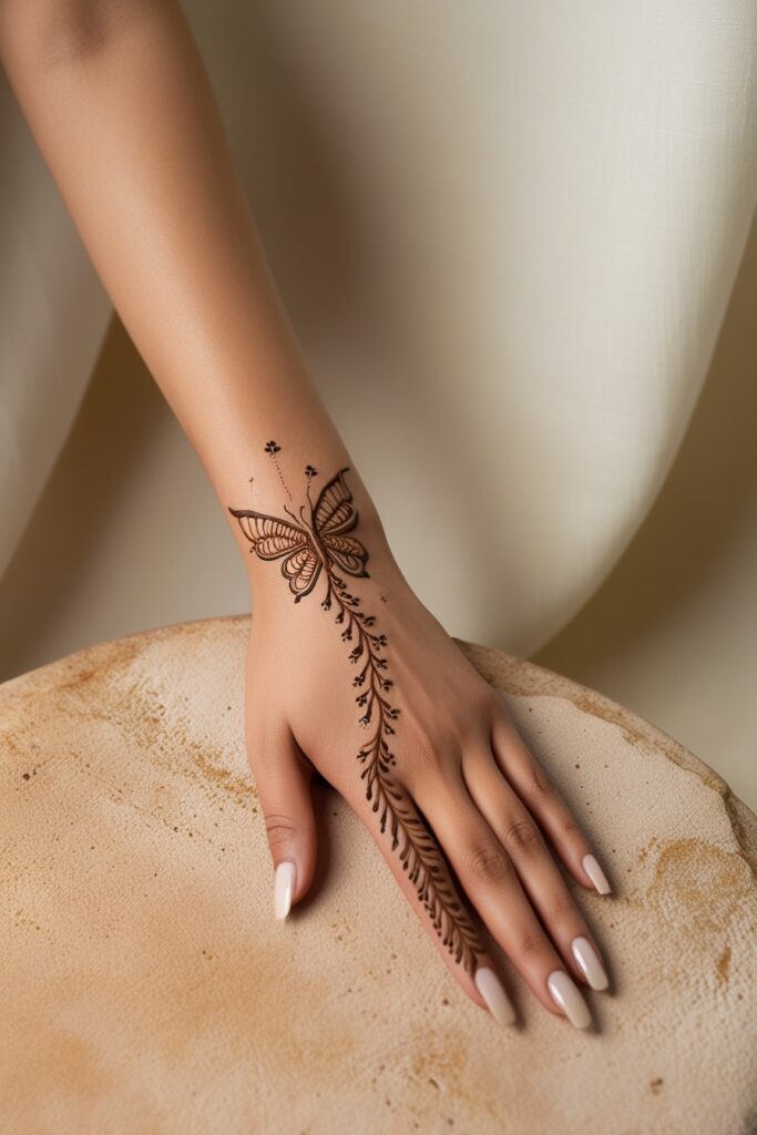 minimalistic back hand mehndi design butterfly